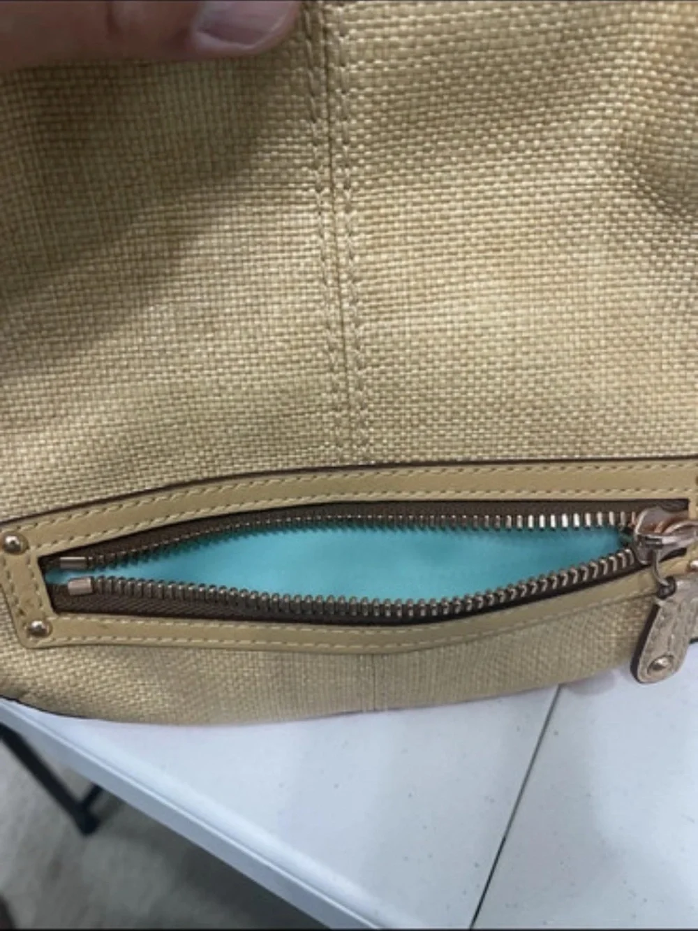 Vintage Coach Beige Canvas Shoulder Bag with Gold Chain Trim